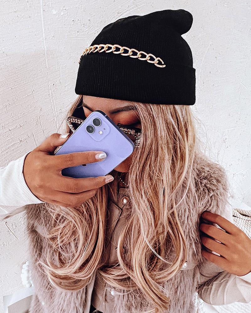 

Chain Decor Knit Beanie, Black