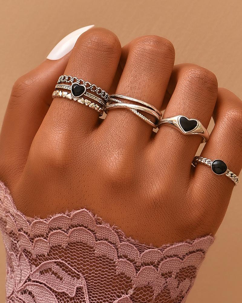 

4pcs Heart Shaped Hollow-Out Rings Set, Silver