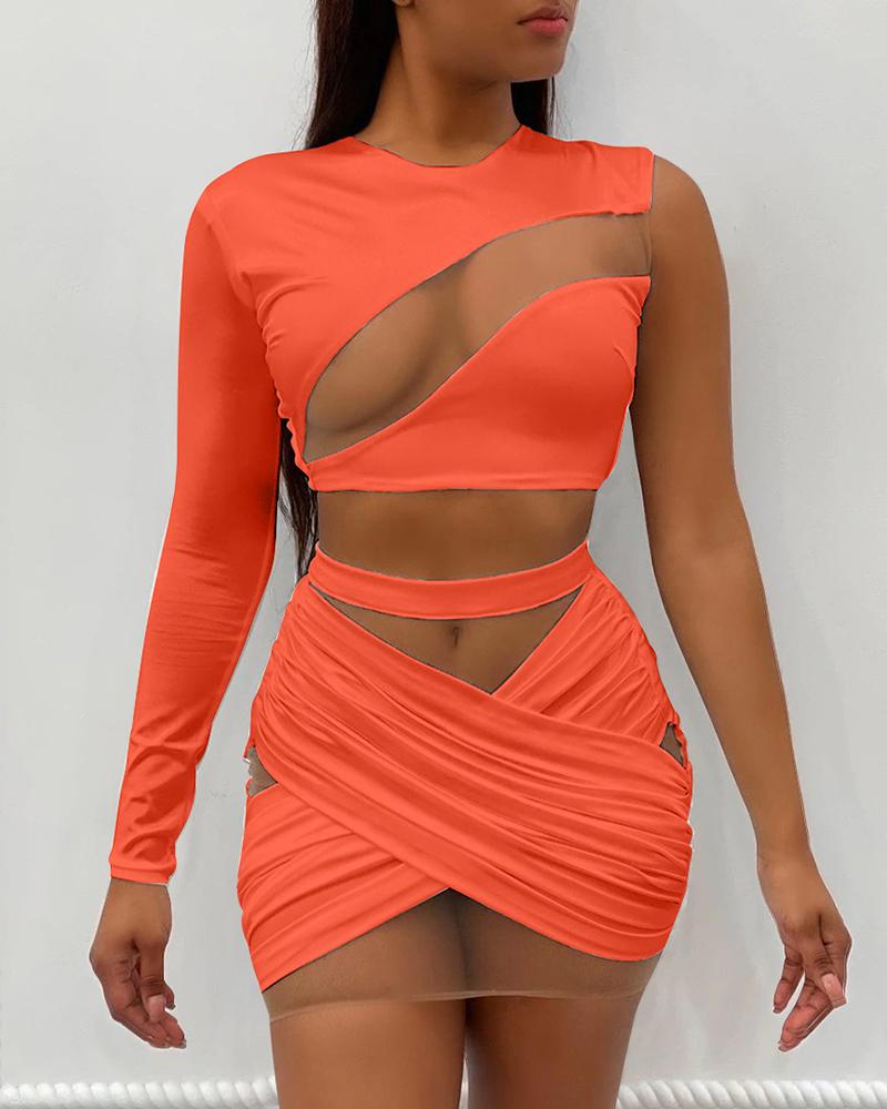 

One Shoulder Sheer Mesh Patch Crop Top & Ruched Skirt Set, Orange