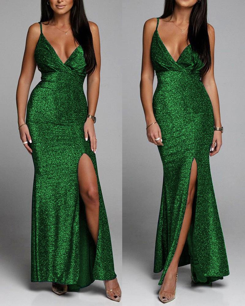 

Glitter Split Thigh Cami Prom Dress, Green