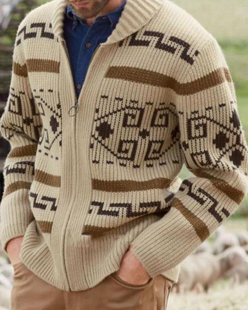 

Men Colorblock Zipper Design Long Sleeve Knit Cardigan, Khaki