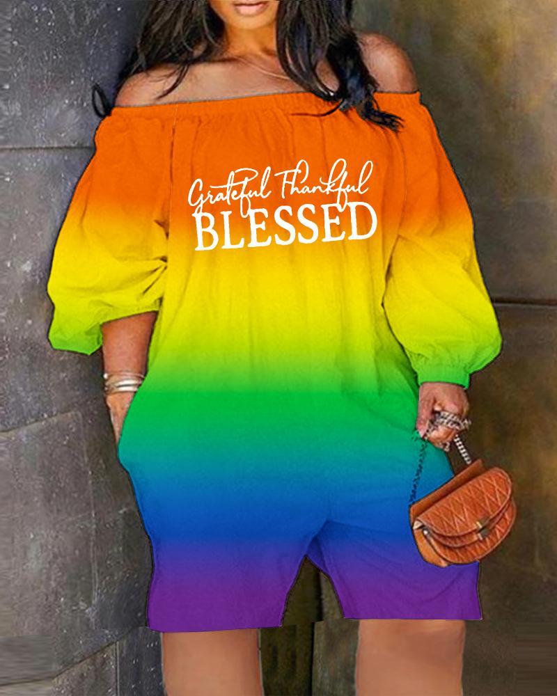 

Plus Size Ombre Grateful Thankful Blessed Print Romper, Multicolor