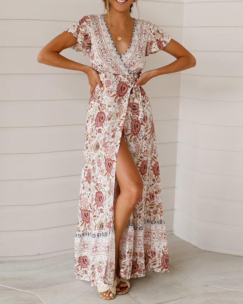 

Floral V Neck Wrap Maxi Dress, Multicolor