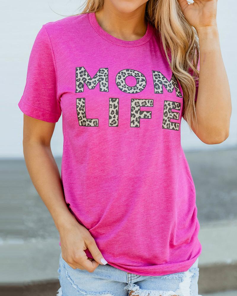 

Leopard Letter Print Casual T-shirt, Hot pink