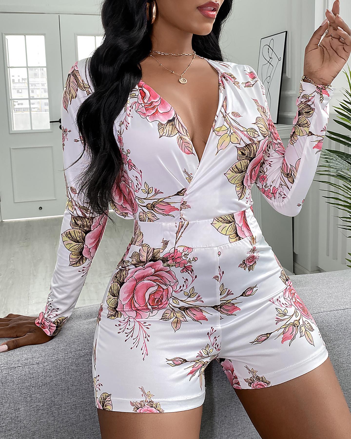 

Floral Print Long Sleeve Top & Shorts Set, White