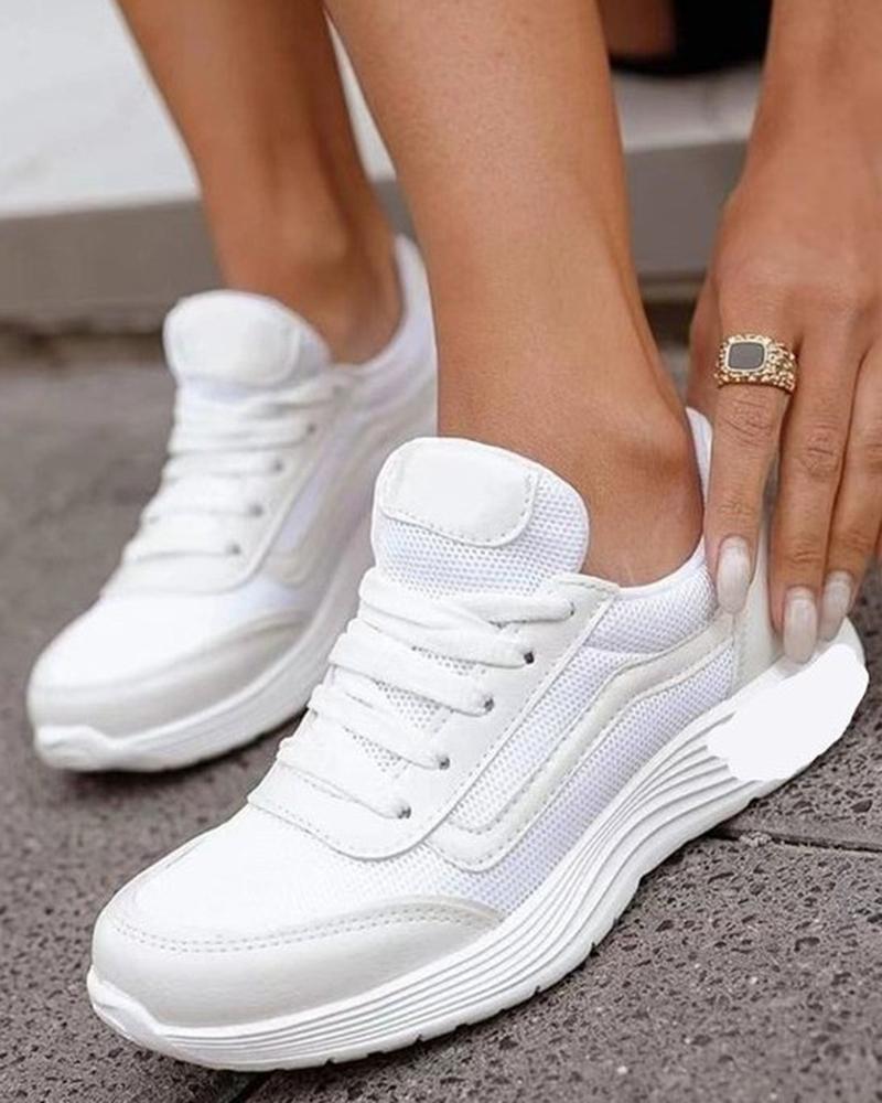 

Lace-up Breathable Round Toe Sneakers, White