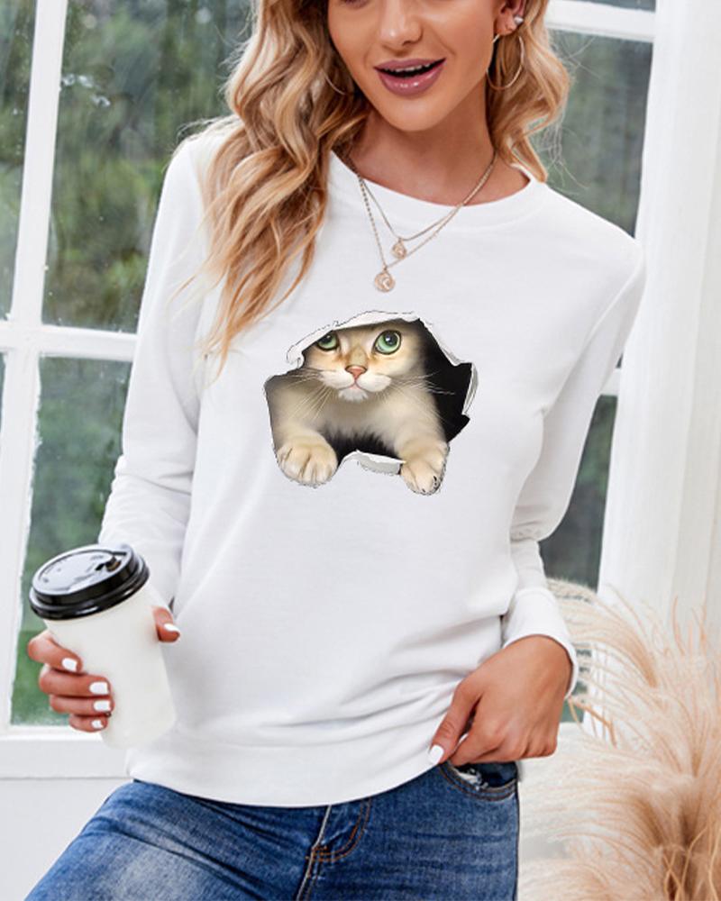 

Cute Cat Print Long Sleeve Sweatshirt, White
