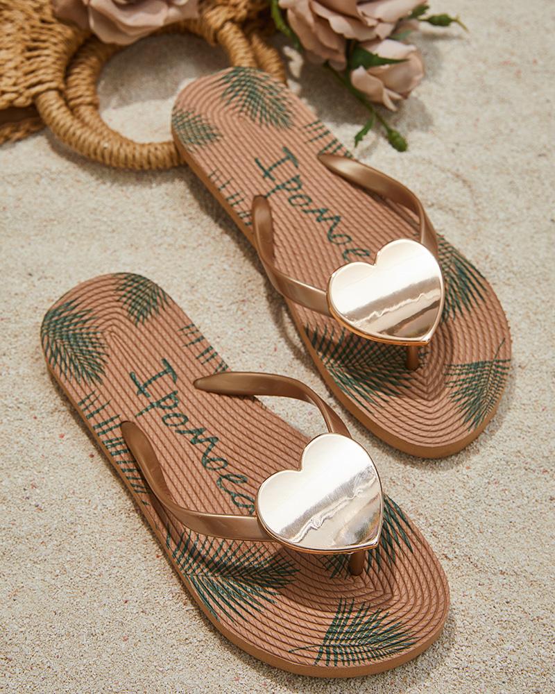 

Leaf Letter Print Heart Decor Flip Flops, Khaki