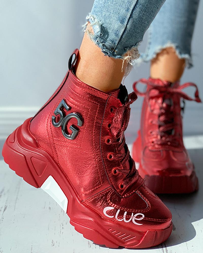 

Eyelet Lace-up Letter Pattern Chunky Shoes, Red