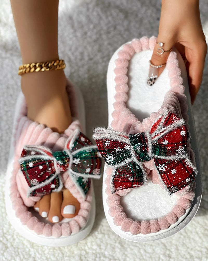 

Christmas Plaid Bowknot Design Non-Slip Fuzzy Winter Slippers, Pink