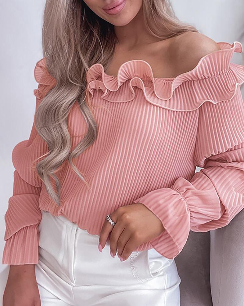 

Off Shoulder Ruffles Bell Sleeve Casual Top, Pink