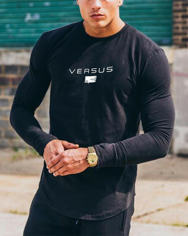 

Letter Print Long Sleeve Skinny T-shirts, Black