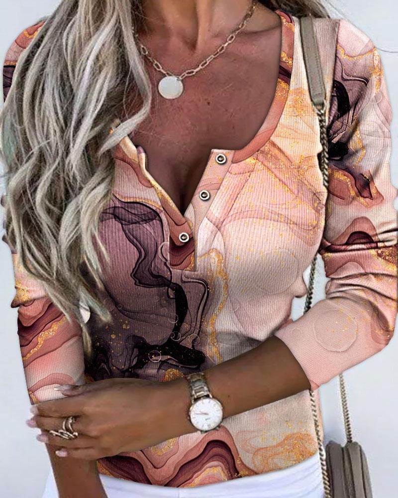 

Marble Print Long Sleeve Ribbed Top, Multicolor