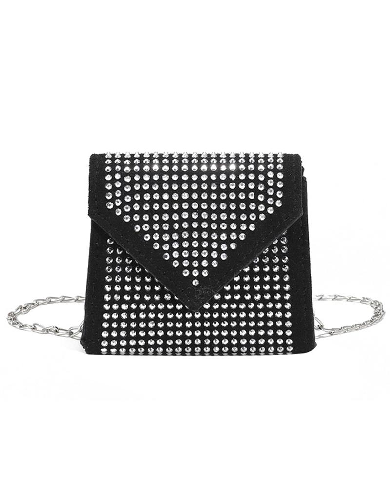 

Allover Rhinestone Flap Crossbody Bag, Black