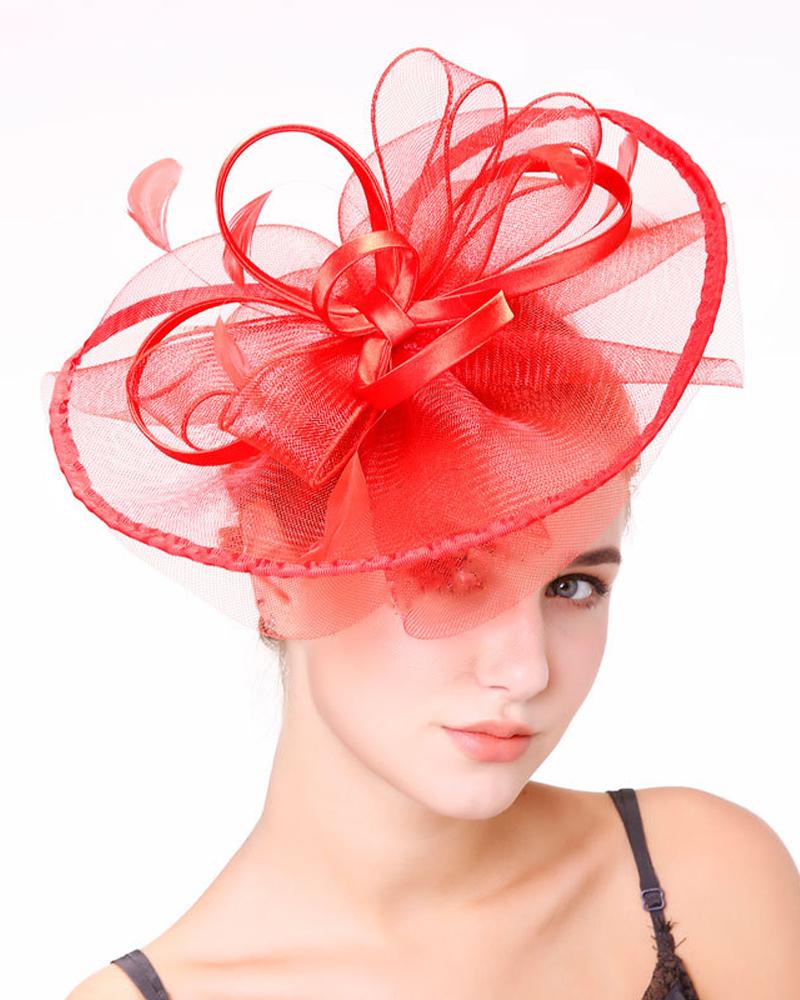 

1pc Bowknot Fascinator Hat Feather Sheer Mesh Headband Bridal Wedding Cocktail Tea Party Headwear, Red