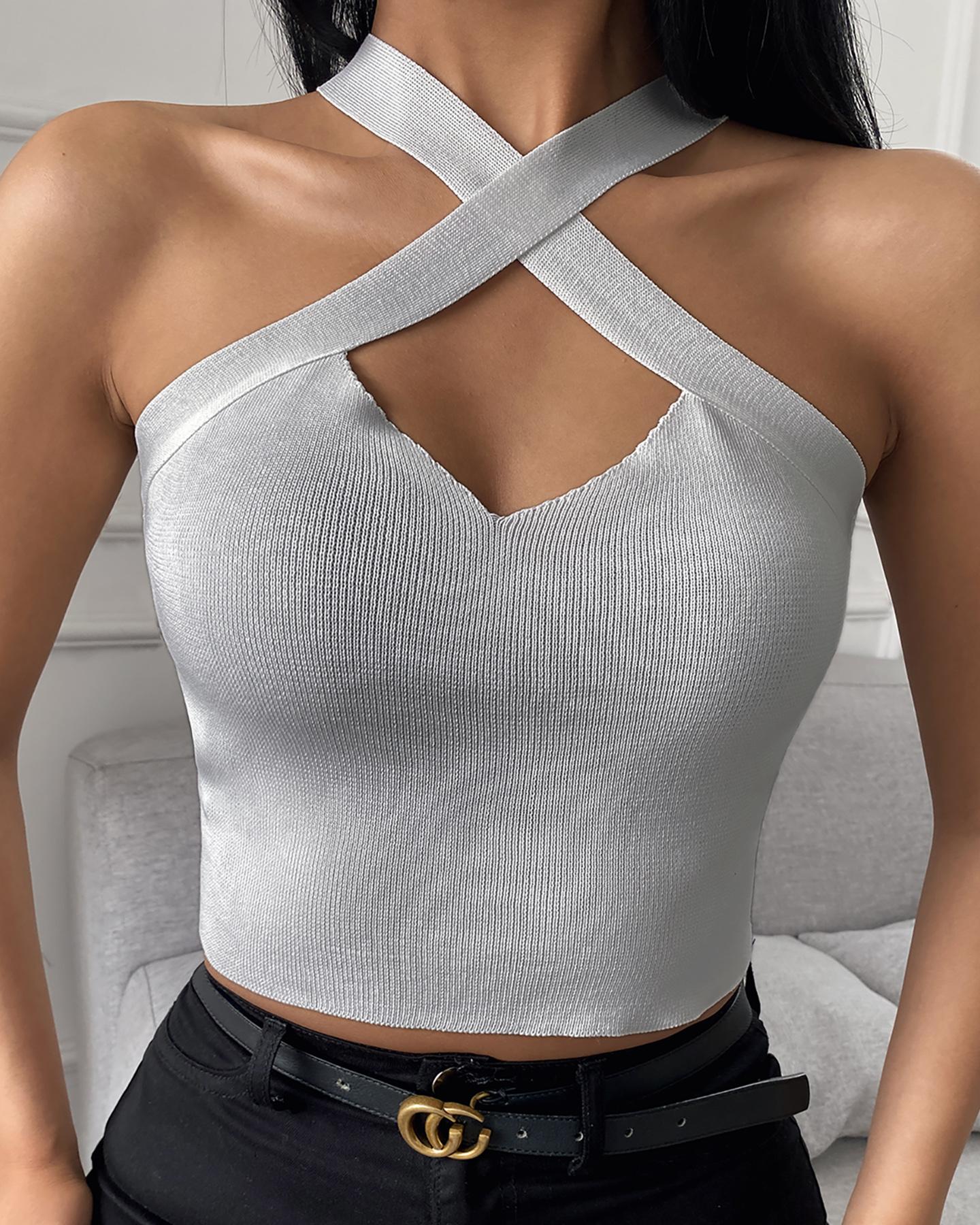 

Cutout Design Front Halter Skinny Crop Top, Gray