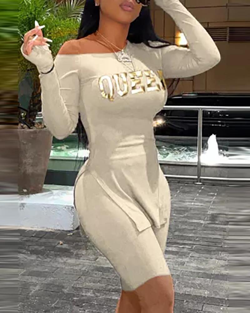 

Slit Letter Print One Shoulder Long Sleeve Top & Shorts Set, White