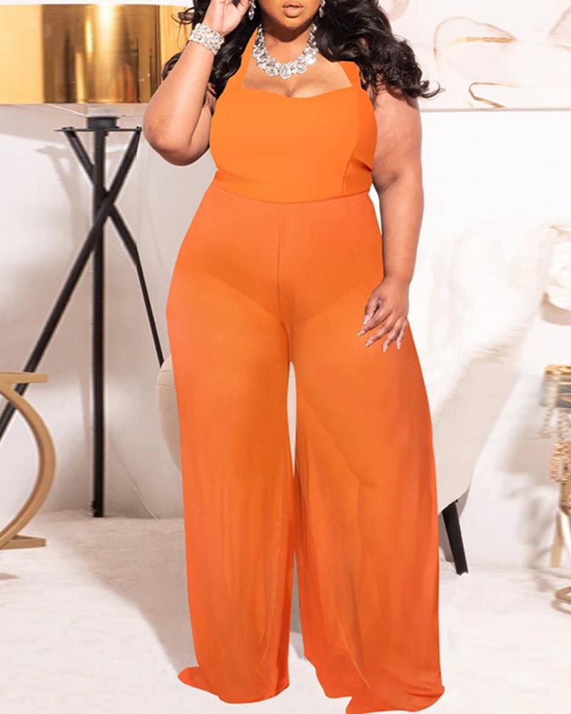 

Plus Size Halter Sheer Mesh Overlay Wide Leg Jumpsuit, Orange