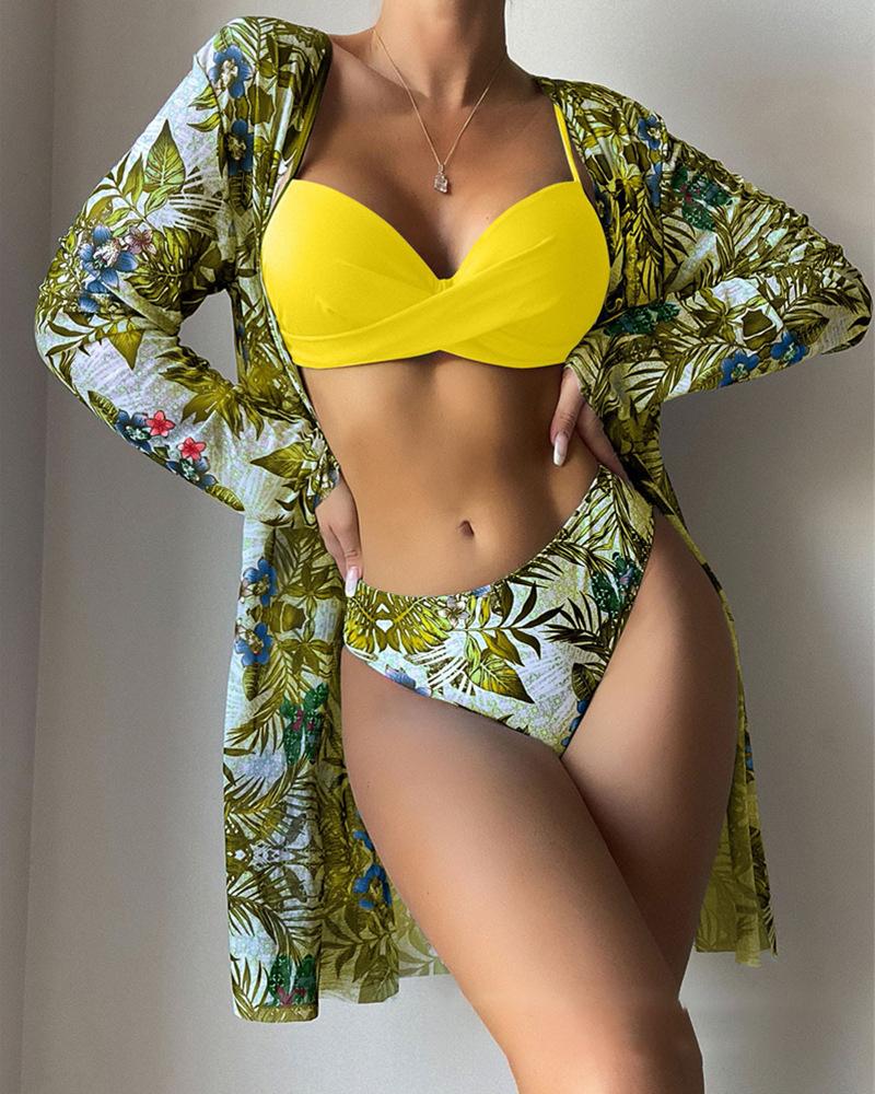 

3PCS Tropical Floral Print Crisscross Bikini Set With Cover Up, Yellow