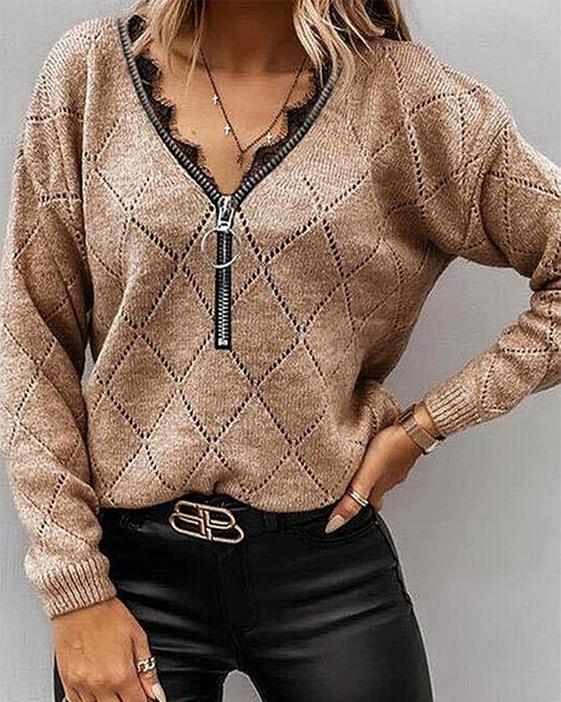 

Zipper Design Lace Trim Long Sleeve Top, Khaki