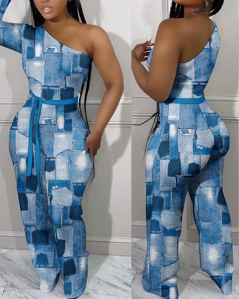 

Denim Look Print One Shoulder Jumpsuit, Blue