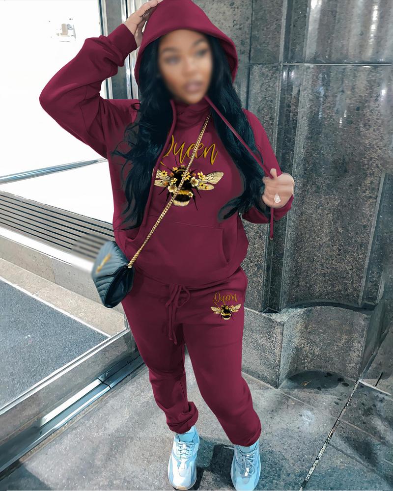 

Letter Bee Print Long Sleeve Hoodie & Pants Set, Wine red