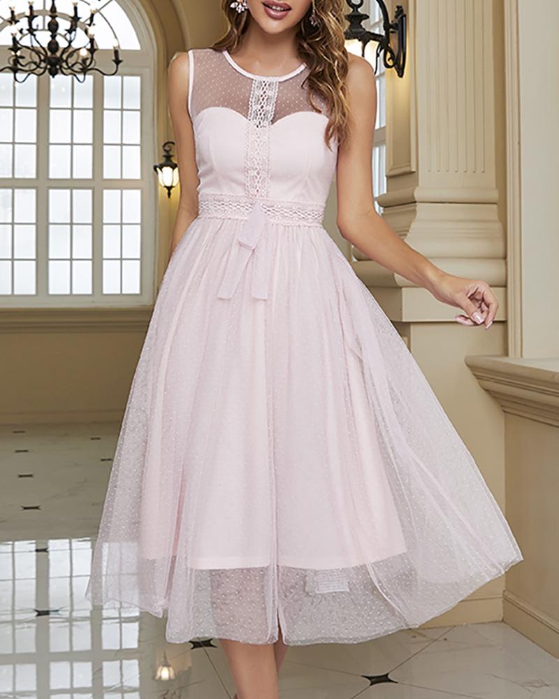 

Contrast Lace Sheer Mesh Party Dress, Pink
