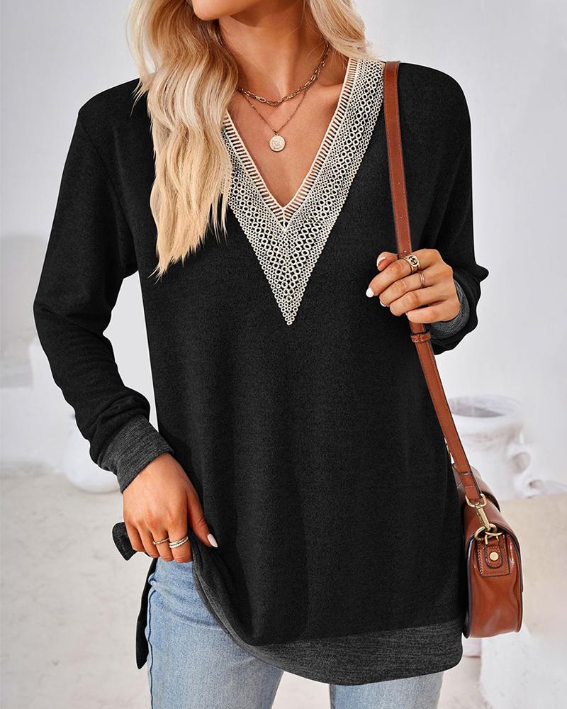 

Contrast Lace Hollow-out Slit Casual Top, Black