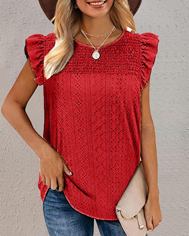 

Eyelet Embroidery Ruffle Hem Shirred Tank Top, Red