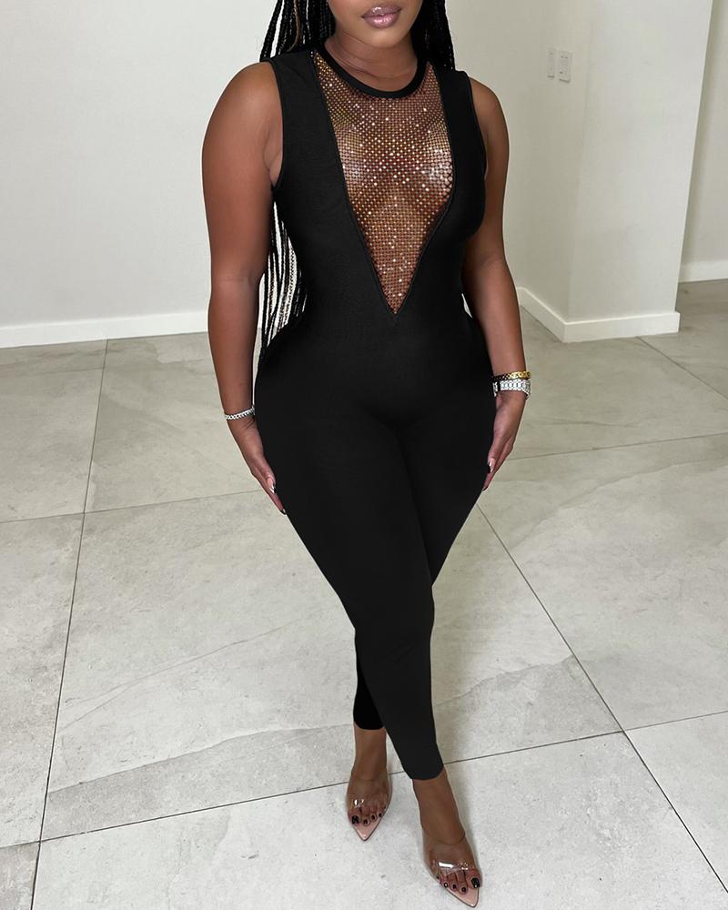 

Rhinestone Decor Hollow Out Sleeveless Jumpsuit, Black
