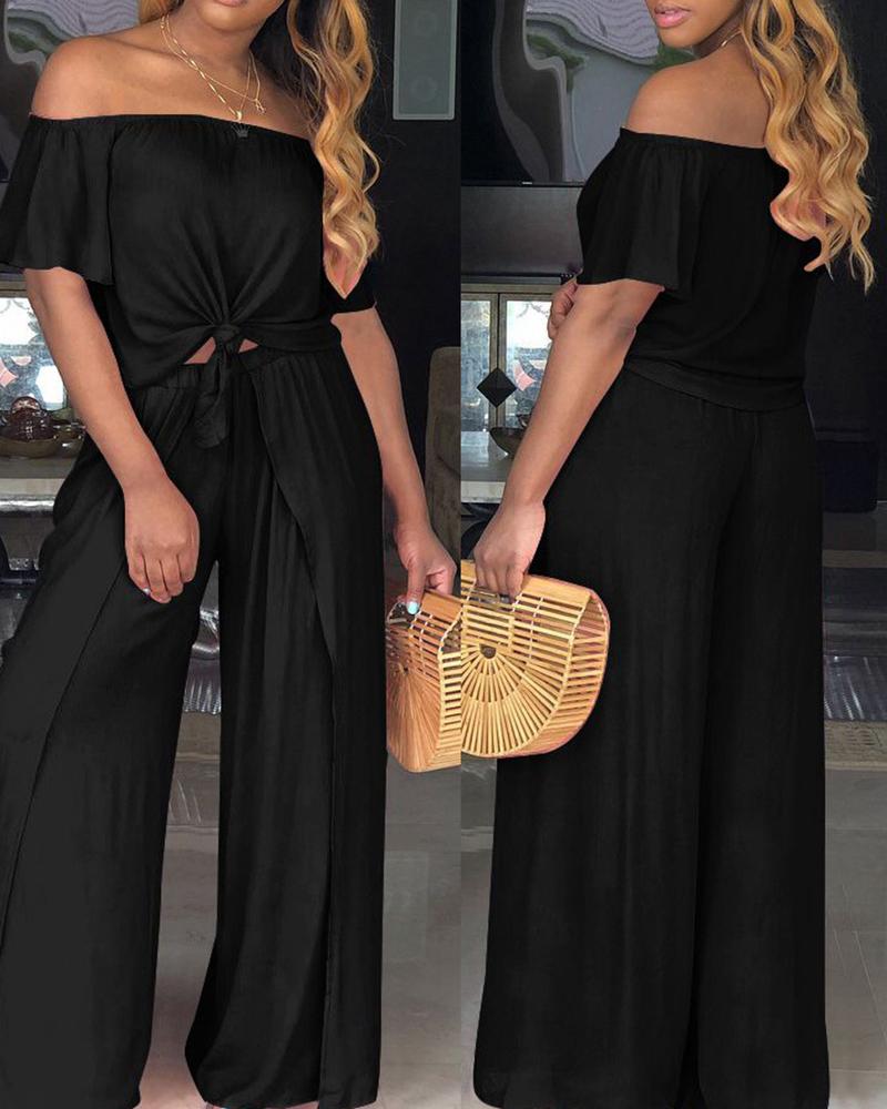 

Off Shoulder Top & Slit Leg Pants Set, Black