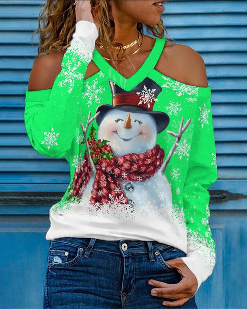 

Christmas Cold Shoulder Snowflake Snowman Print Top, Light green