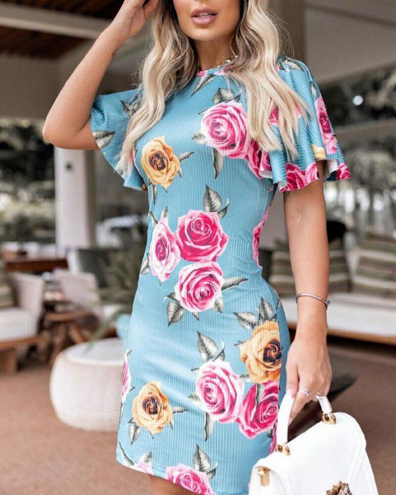 

Bell Sleeve Floral Print Dress, Blue