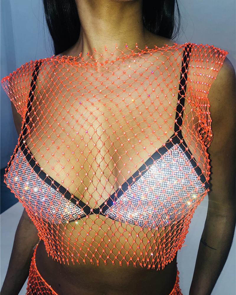 

Rhinestone Decor Fishnet Crop Top, Orange