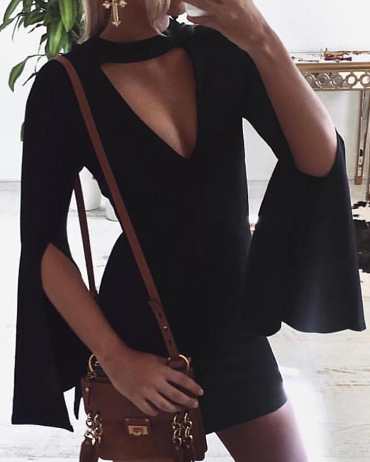 

Cut Out Chest Slit Sleeve Mini Dress, Black