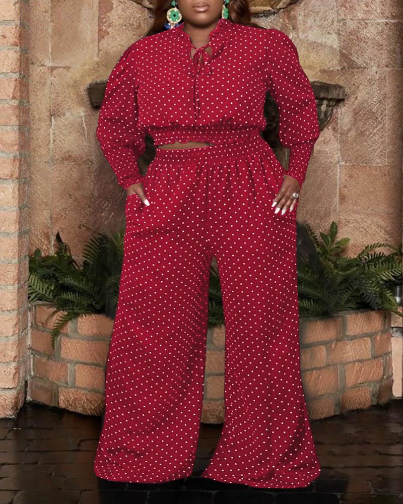 

Plus Size Polkadot Print Lantern Sleeve Top & Wide Leg Pants Set, Red