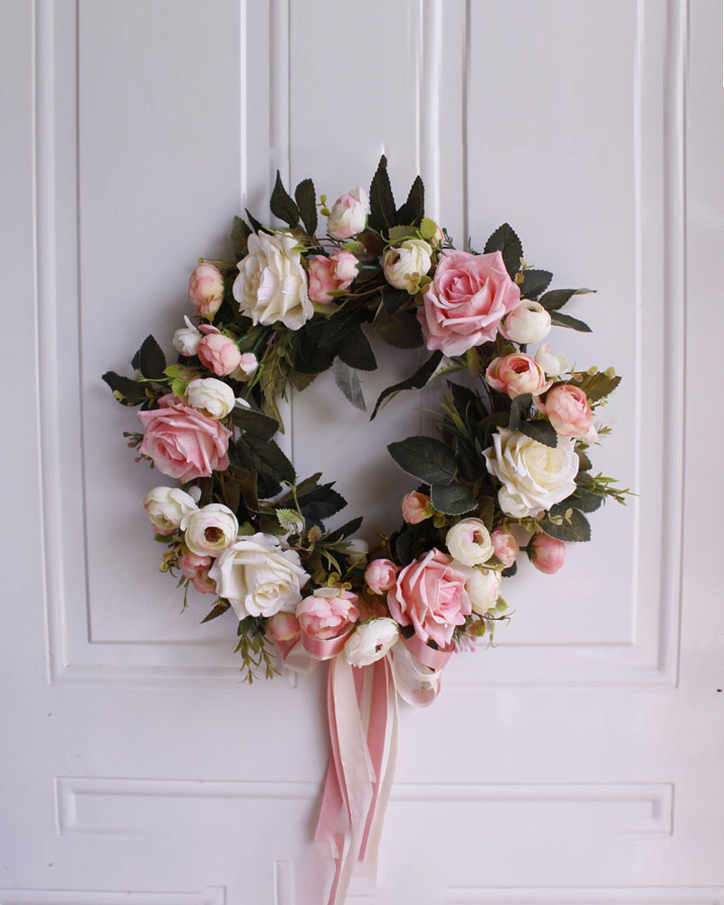 

Rose Flowers Wreath Artificial Garland Wreath For Front Door Wedding Christmas Party Wall Window Decoration, Light pink