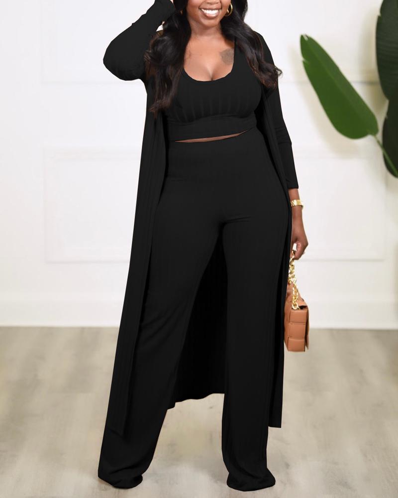 

Plus Size 3PCS Ribbed Tank Top & Pants Set With Longline Coat, Black