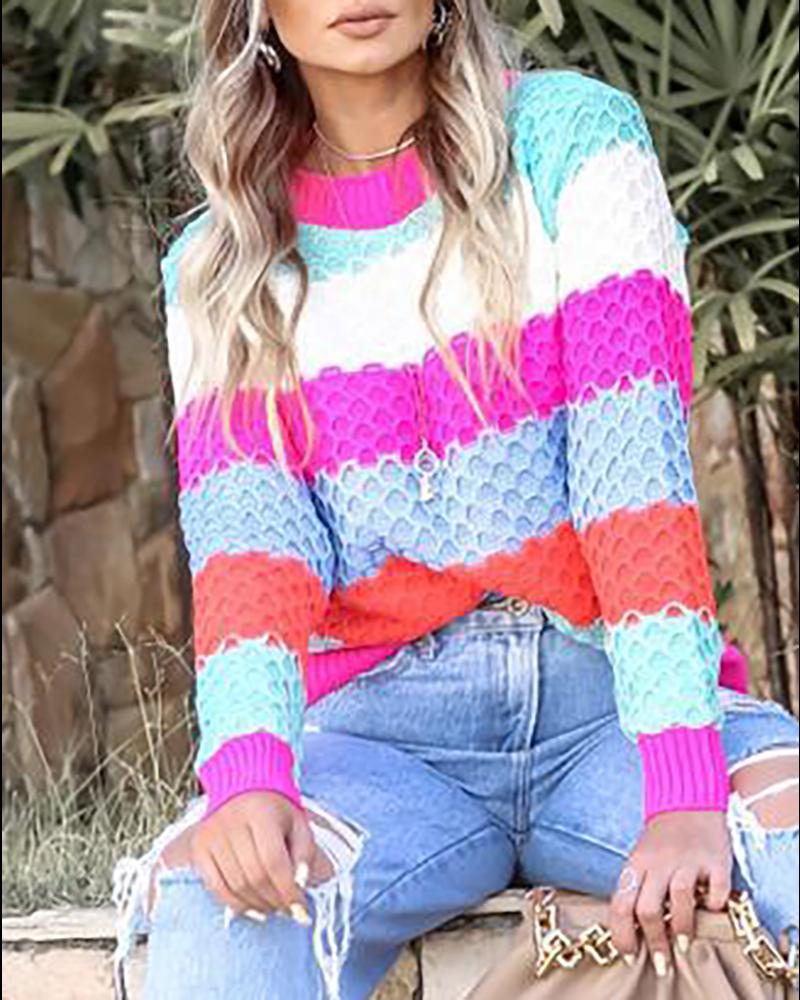 

Long Sleeve Striped Print Cutout Sweater, Style1