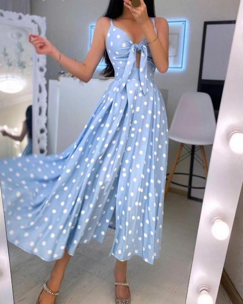 

Spaghetti Strap Polkadot Print Knotted Design Maxi Dress, Blue