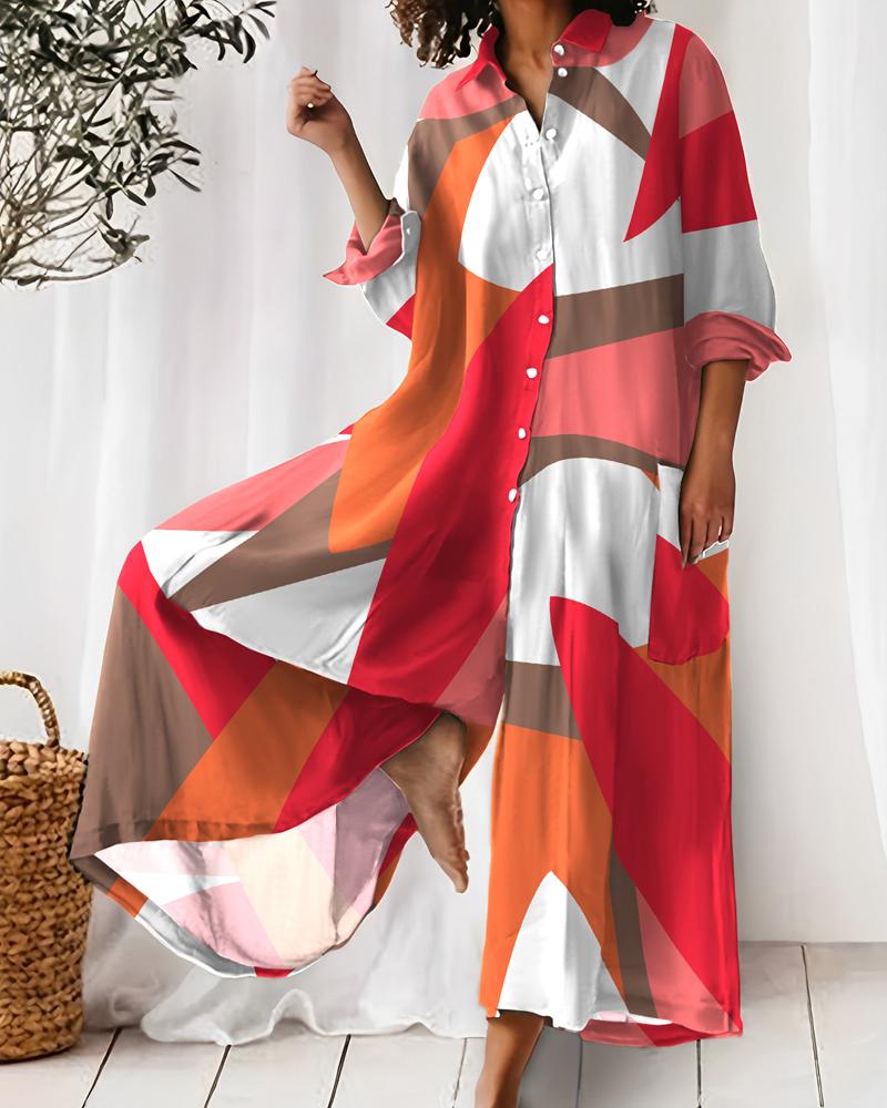 

All Over Print Long Sleeve Buttoned Jumpsuit, Multicolor
