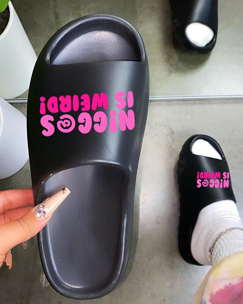

Letter Print Round Toe Slippers, Black