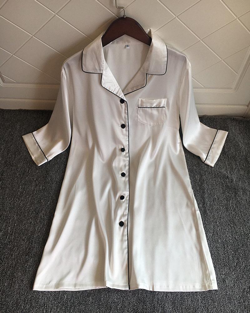 

Pocket Design Button Down Satin Nightgown, White