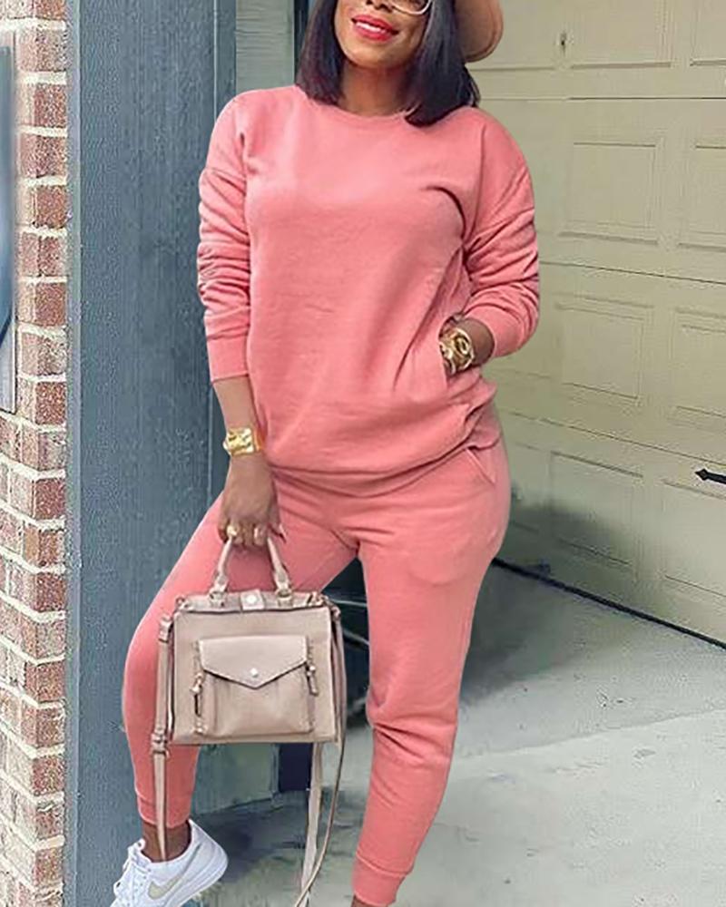 

Pocket Design Casual Women Top & Pants Set, Pink