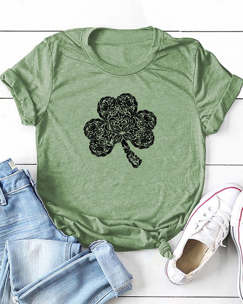 

St.Patrick' Day Clover Print Short Sleeve T-Shirt, Green