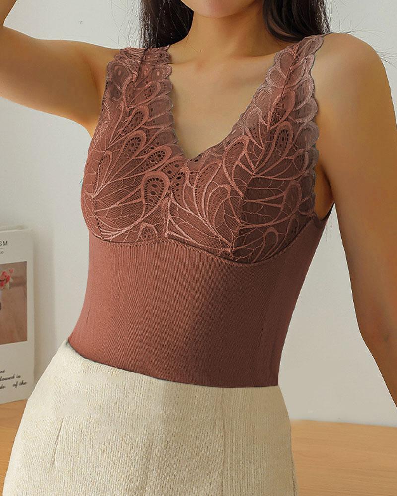 

Contrast Lace Warm Fleece Lined Padded Tank Top, Coffee