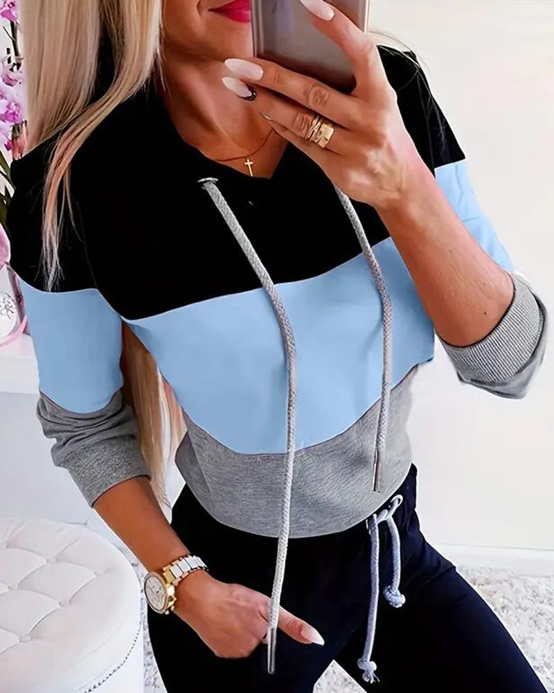 

Colorblock Drawstring Long Sleeve Hoodie, Blue