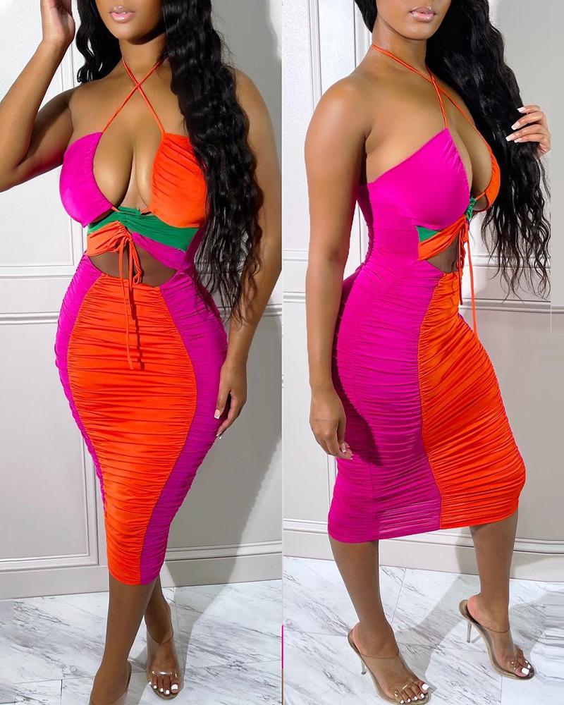 

Colorblock Cutout Ruched Halter Bodycon Dress, Multicolor