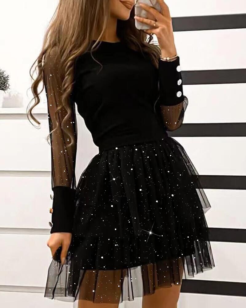 

Glitter Long Sleeve Layered Sheer Mesh Party Dress, Black