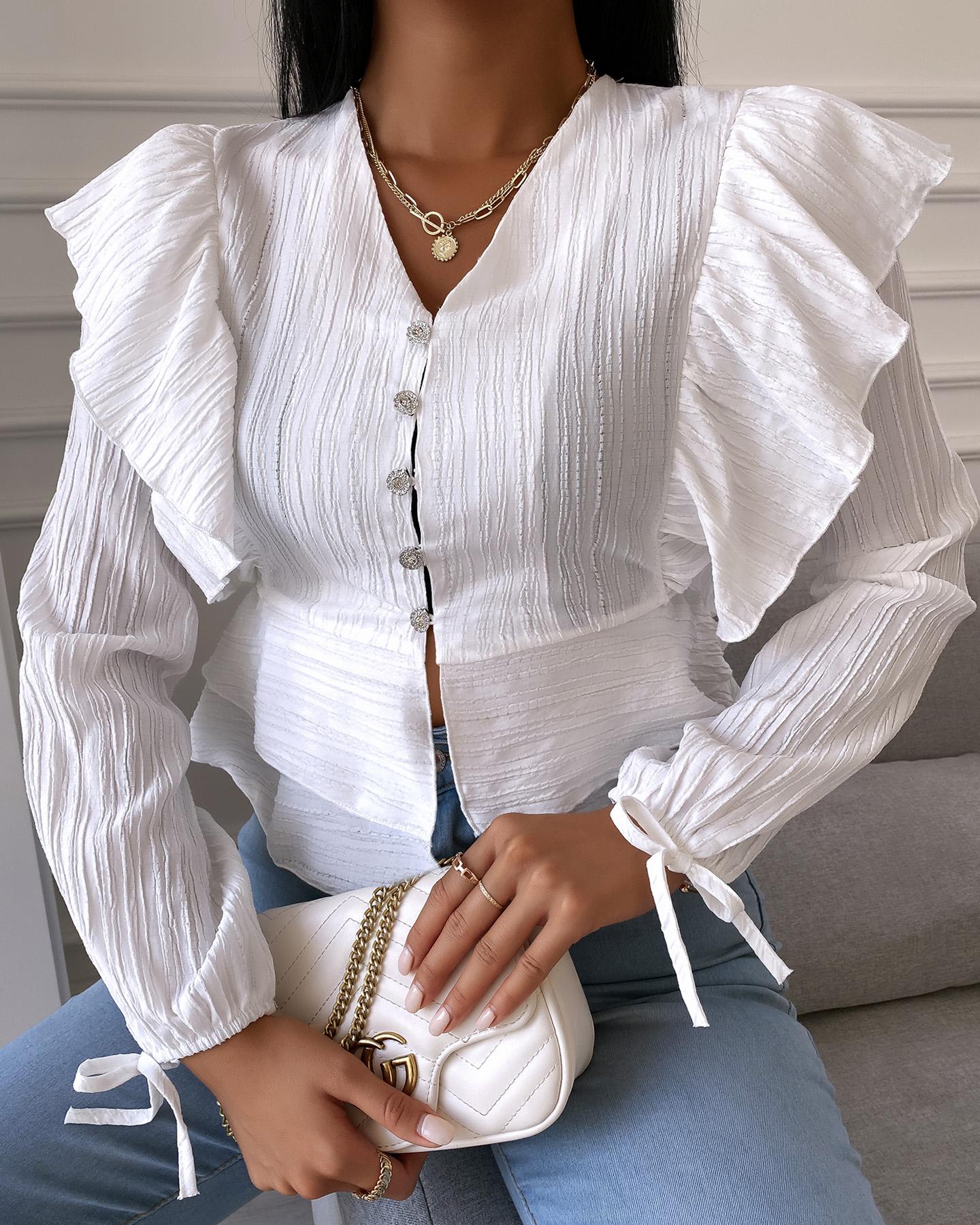 

Button Design Ruffles Hem Long Sleeve Shirt, White